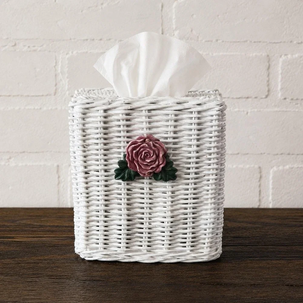 Wicker Tissue Box Cover - White Ceramic Rose - Cottagecore Shabby Chic Decor